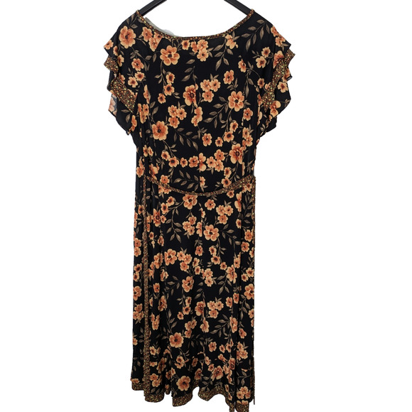 Perceptions Womens Dress Black Floral 1X Short Sleeve Belted - Picture 4 of 9